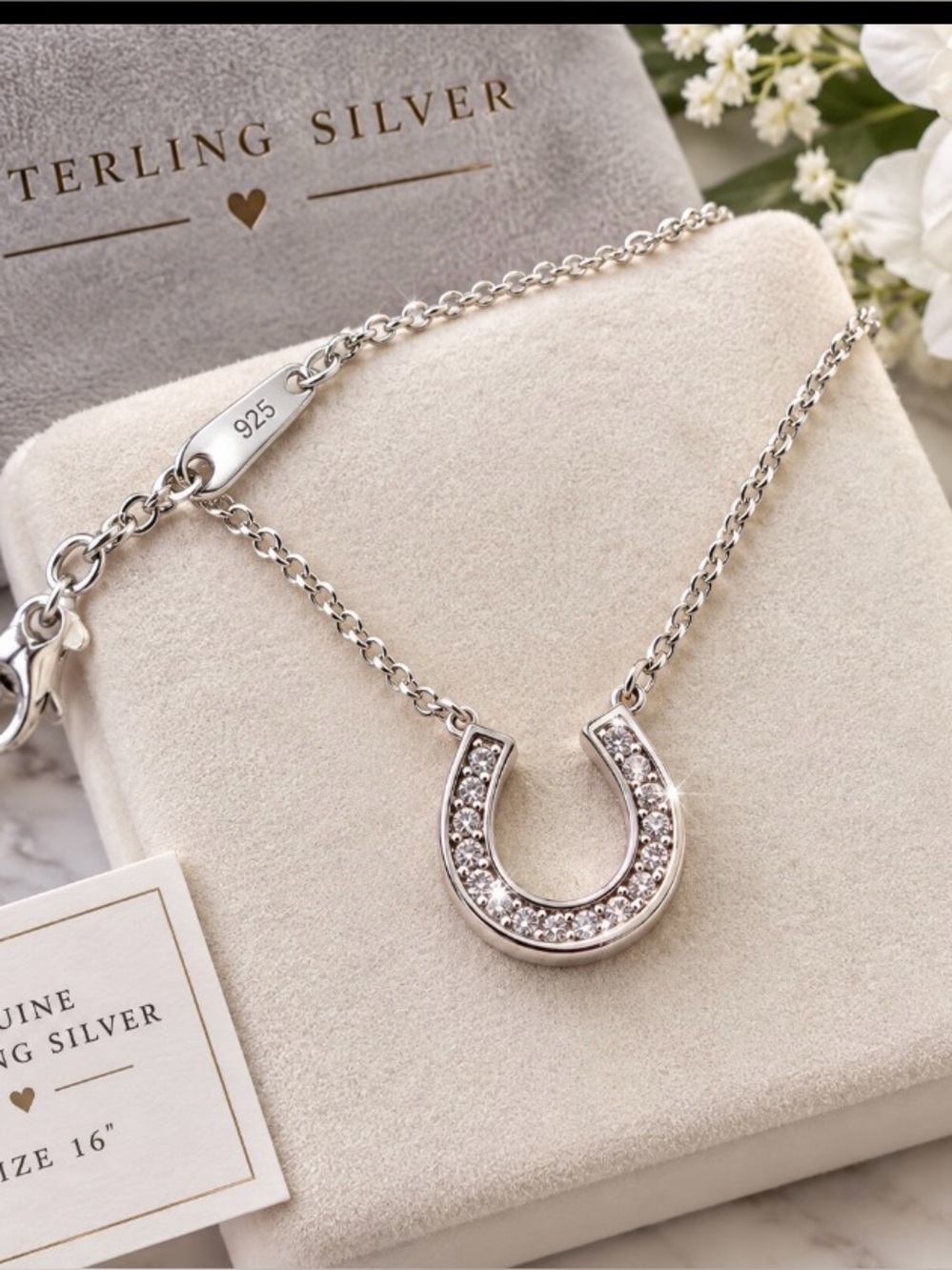 Sterling Silver Horseshoe Pavé Necklace - White size 16
